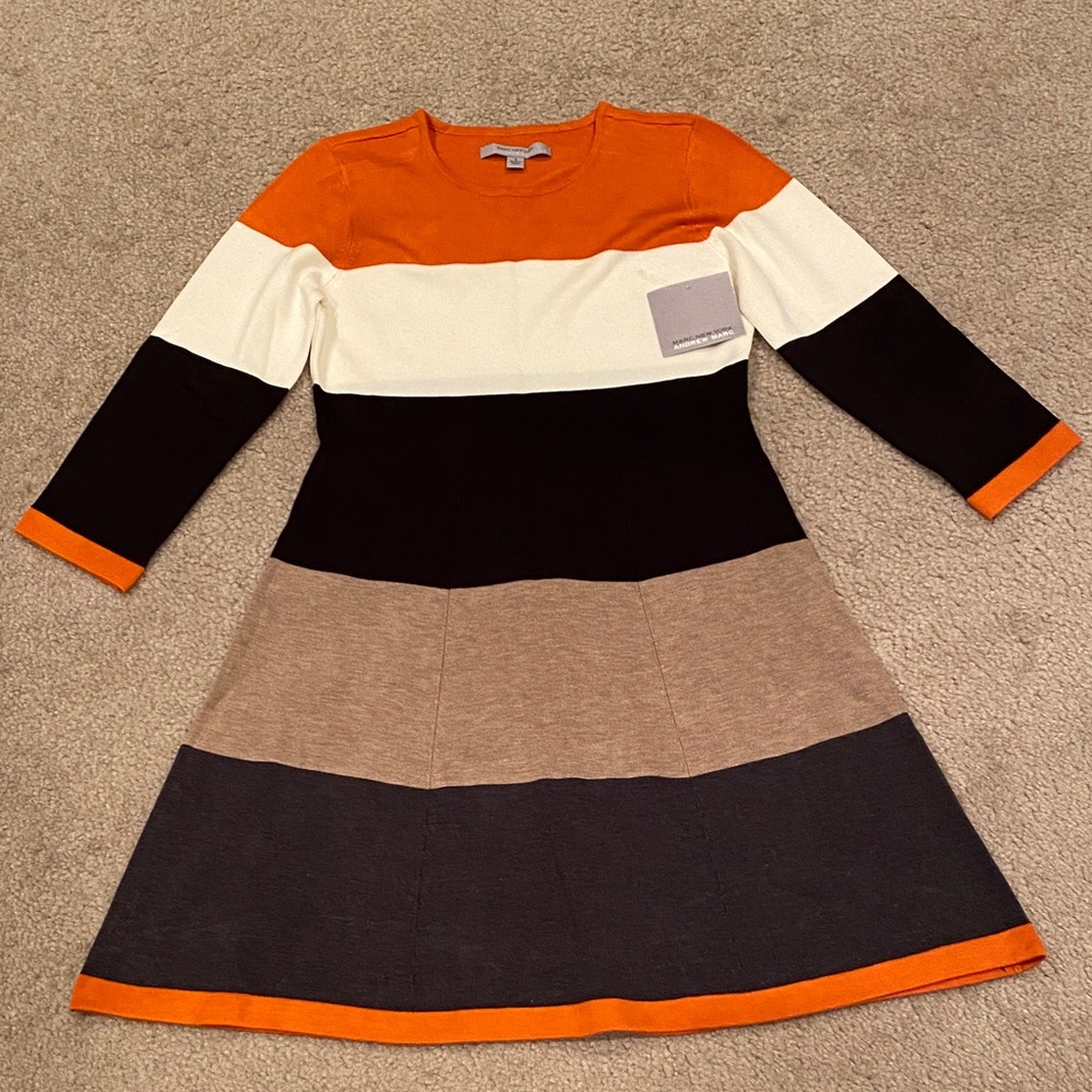 Chic Colorblock Midi Dress in Orange, Black, and Cream